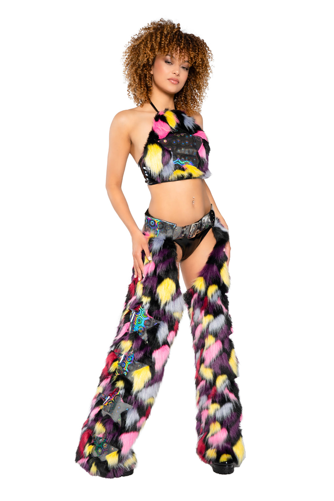 Faux fur vinyl star chaps rave outfit, view 1